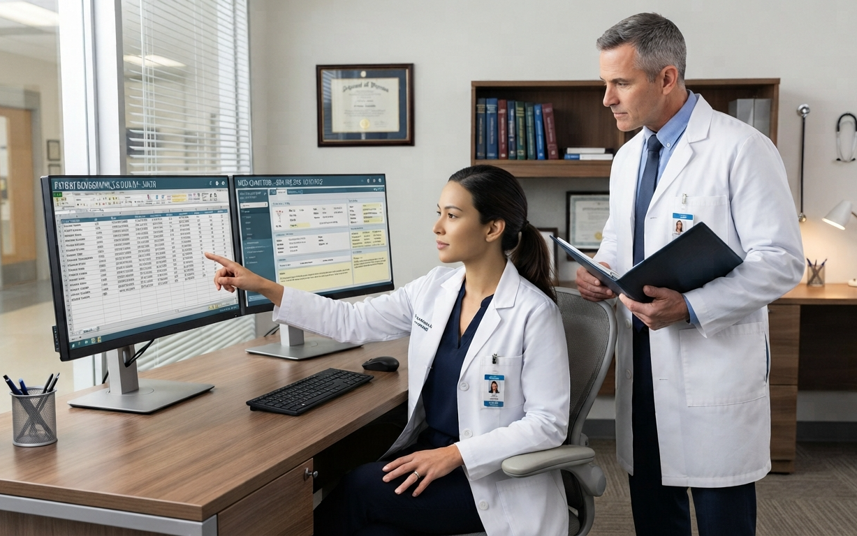 Physician advisors reviewing utilization and denial data on screen
